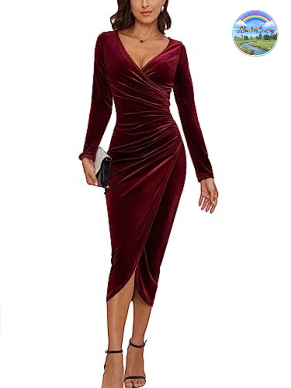 Women's V Neck Wrap Velvet Long Sleeve Maxi Dress Ruched Bodycon Party
